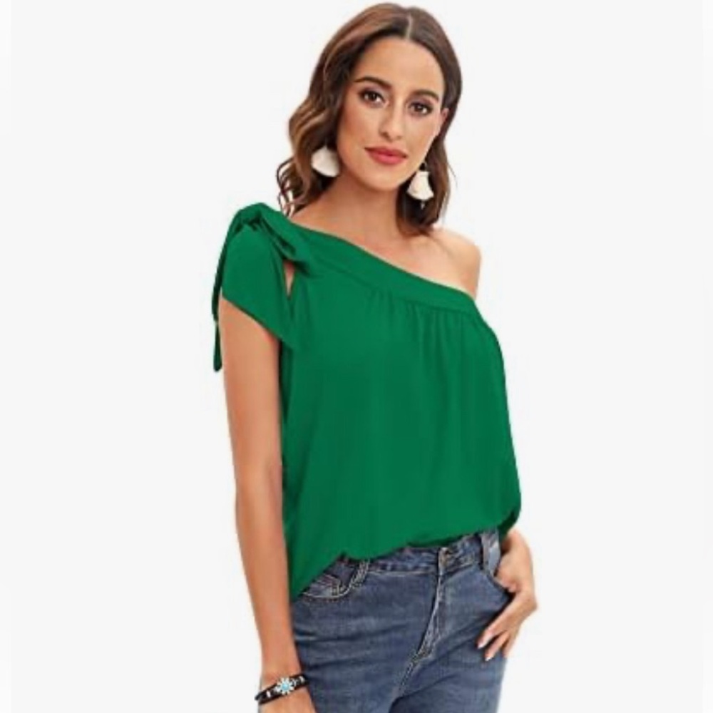 Ladies Green One Shoulder Top with bow tie.  Size L
